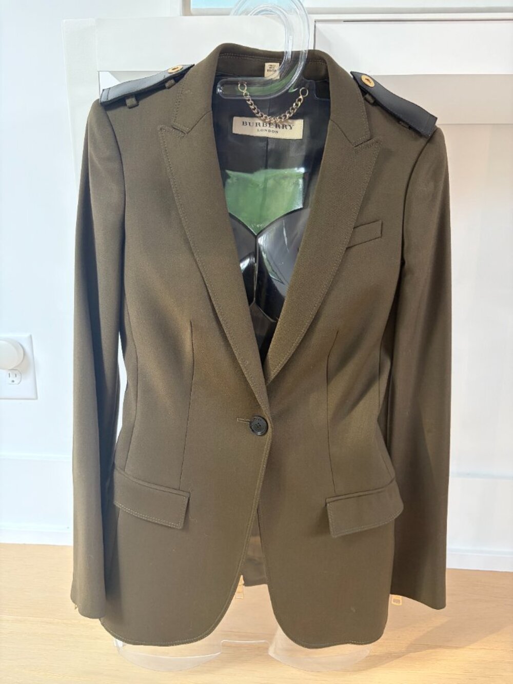 Burberry Leather Epaulette Stretch Wool Jacket in Olive MSRP $1250